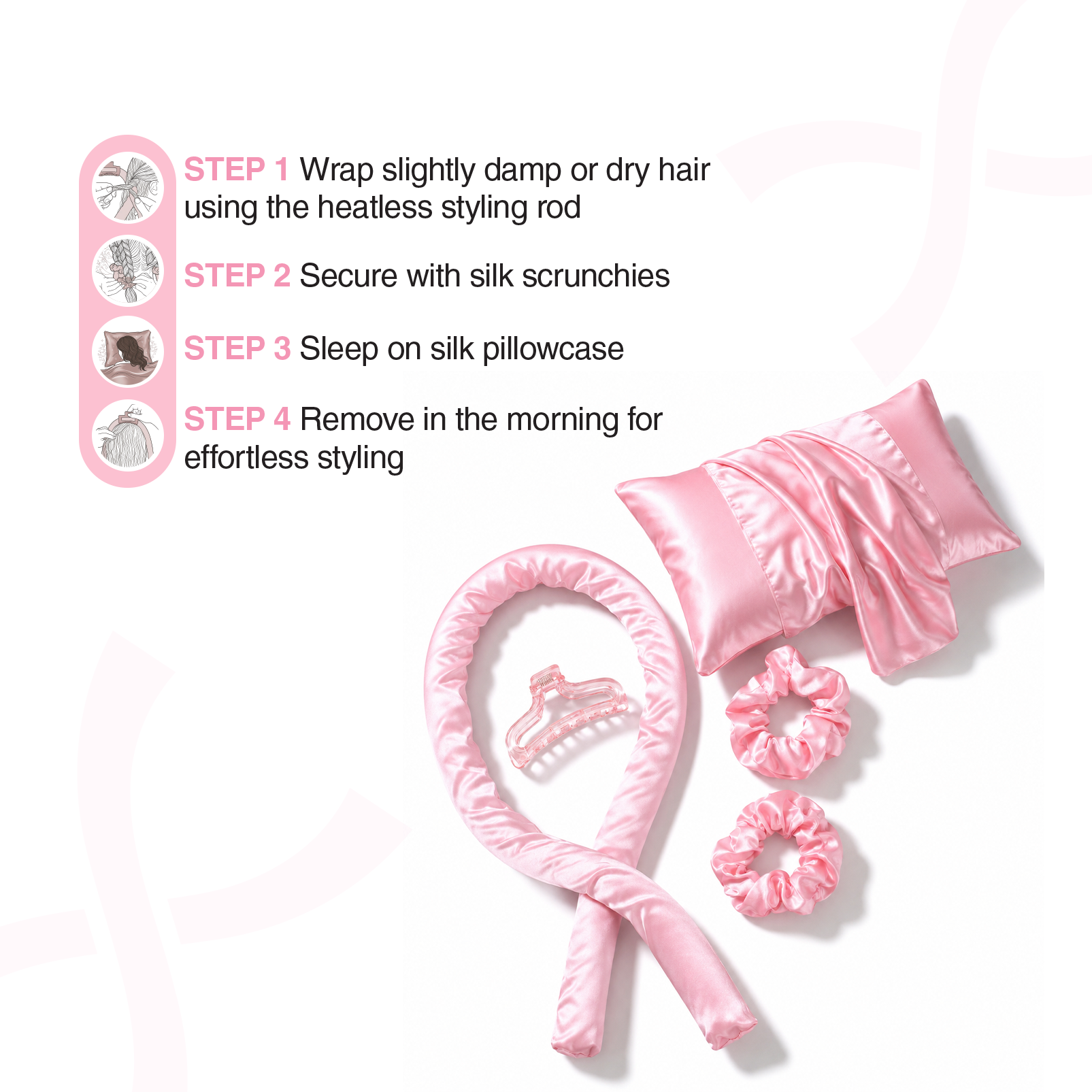 Overnight Hair Recovery System – Silk Pillowcase, Heatless Curler, Scrunchies & Clip Set