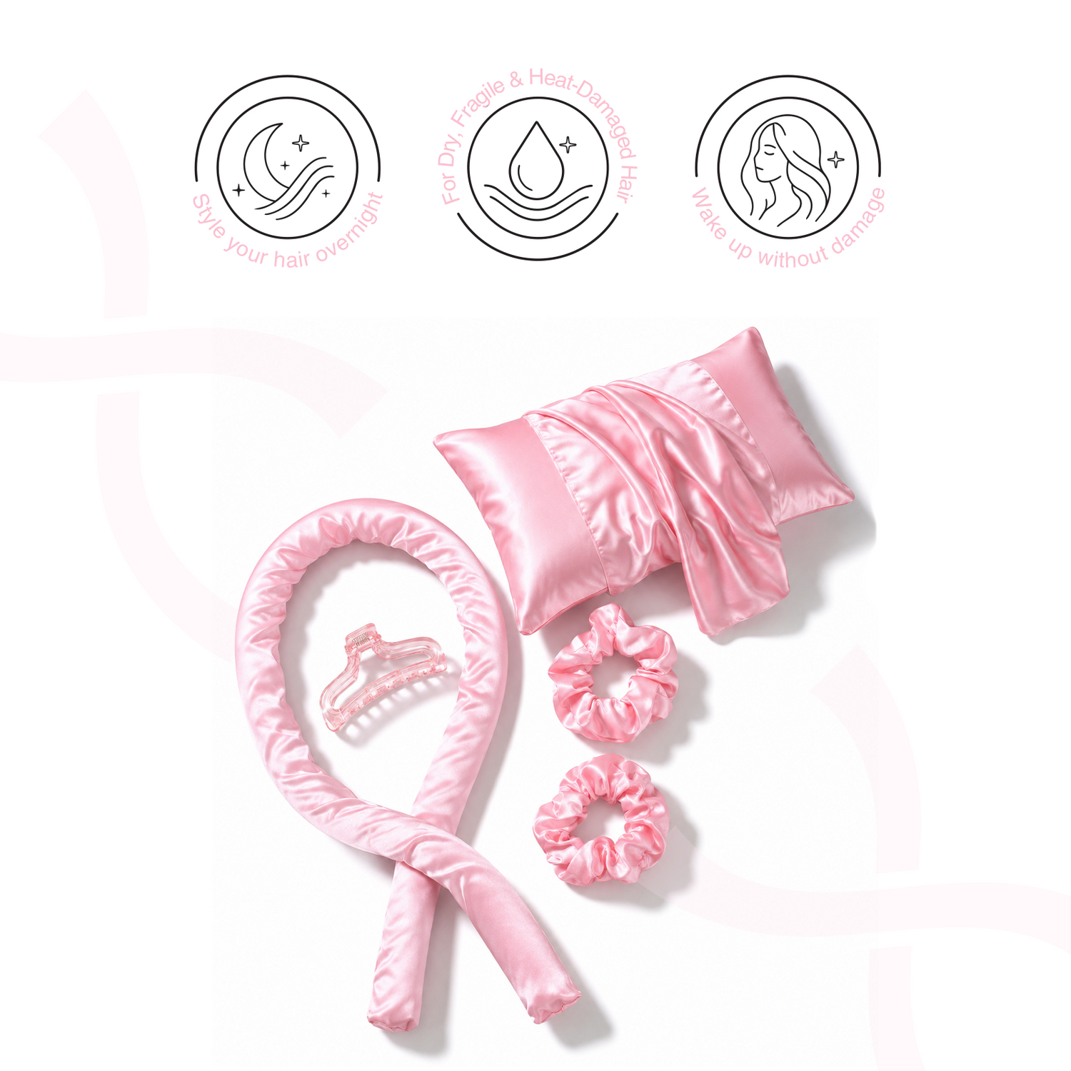 Overnight Hair Recovery System – Silk Pillowcase, Heatless Curler, Scrunchies &amp; Clip Set