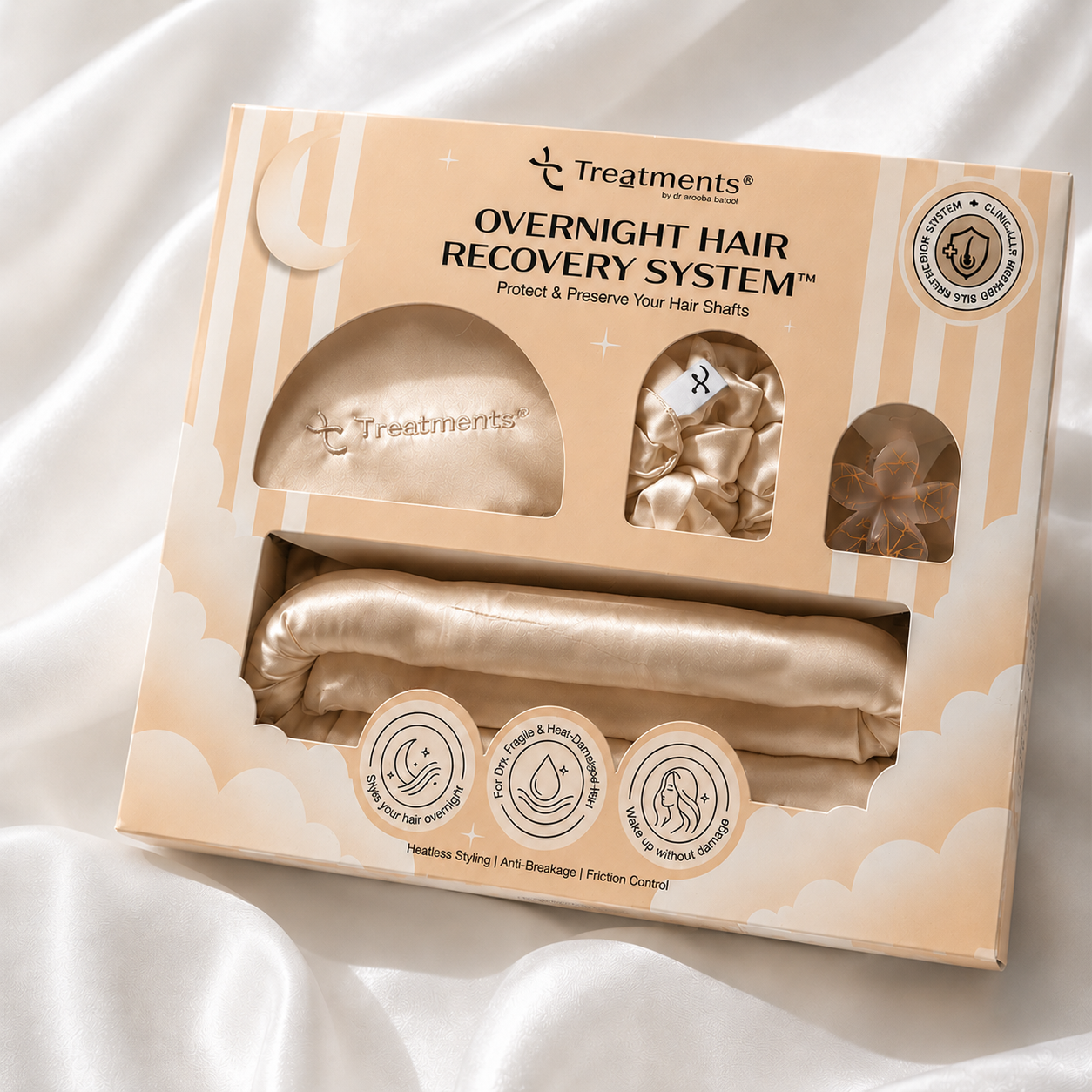 Overnight Hair Recovery System – Silk Pillowcase, Heatless Curler, Scrunchies &amp; Clip Set